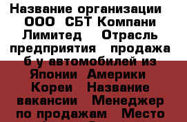  › Название организации ­ ООО 'СБТ Компани Лимитед' › Отрасль предприятия ­ продажа б\у автомобилей из Японии, Америки, Кореи › Название вакансии ­ Менеджер по продажам › Место работы ­ Океанский проспект 17, 'Фреш-Плаза', 11 этаж › Минимальный оклад ­ 21 000 › Максимальный оклад ­ 31 000 › Возраст от ­ 21 › Возраст до ­ 31 - Приморский край, Владивосток г. Работа » Вакансии   . Приморский край,Владивосток г.